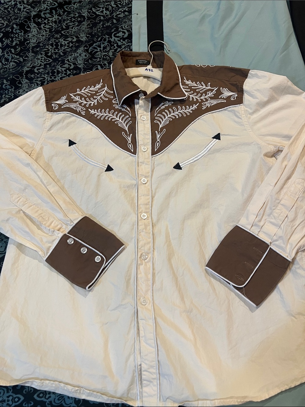COOFANDY Men's Western-Inspired Cream & Brown Embroidered Button-Down Shirt